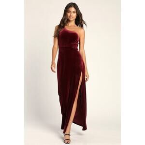 Lulus Glamorous Romance Burgundy Velvet One-shoulder Maxi Dress Red - Size L